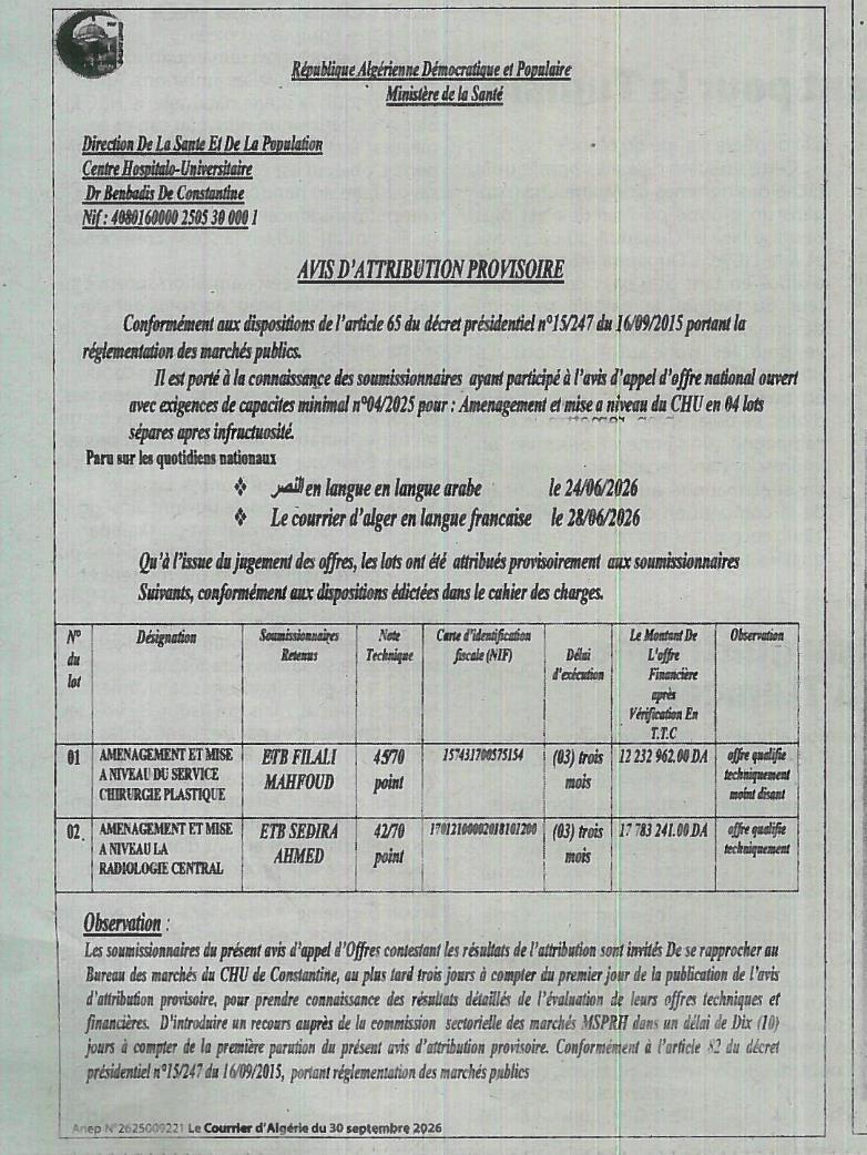 Attribution provisoire des lots pour l'aménagement et la mise à niveau du CHU de Constantine