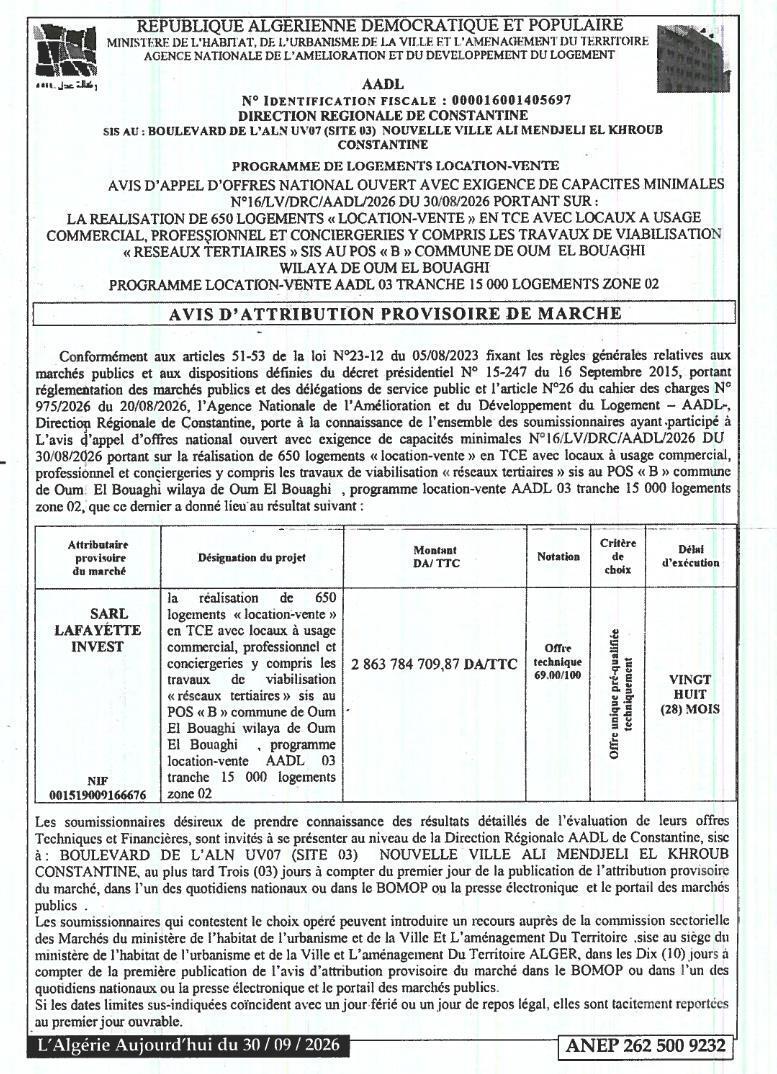 Attribution provisoire des travaux de 650 logements location-vente avec viabilisation à Oum El Bouaghi
