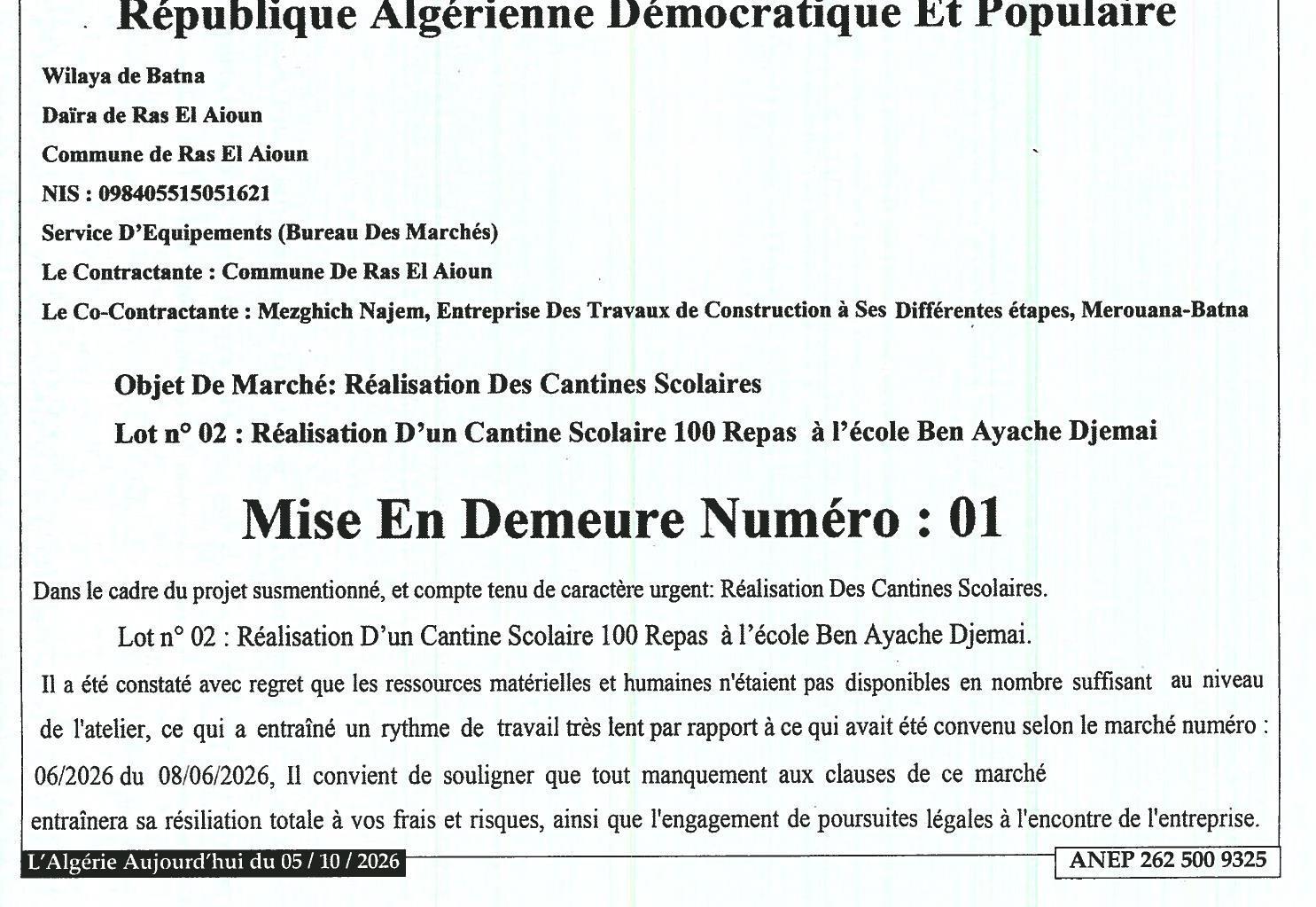 Mise en demeure pour retard dans la réalisation d'une cantine scolaire