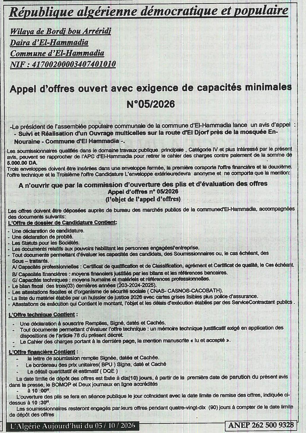 Suivi et réalisation d'un ouvrage multicelles sur la route d'El Djorf (Commune d'El-Hammadia)