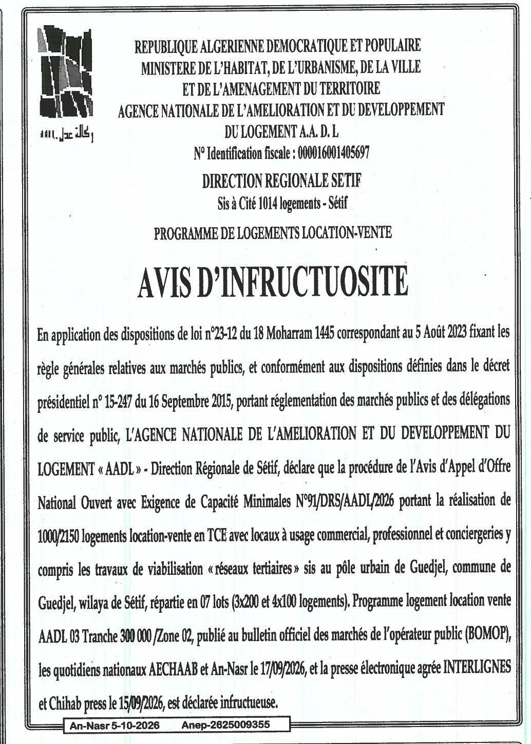 Déclaration d'infructuosité pour la réalisation de 1000 logements location-vente à Guedjel (Sétif)