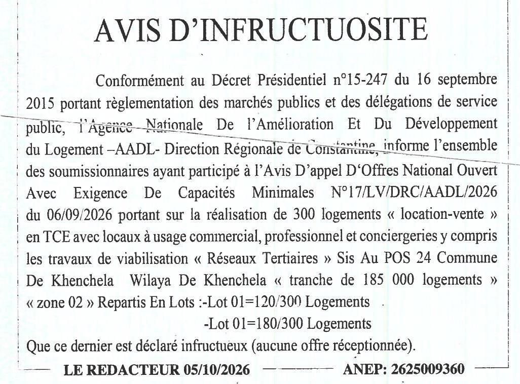 Déclaration d'infructuosité pour la réalisation de 300 logements en location-vente (TCE) à Khenchela