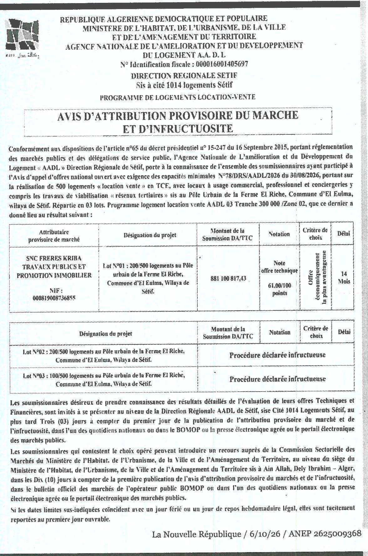 Attribution provisoire et infructuosité pour 500 logements location-vente (TCE) à El Eulma (Sétif)