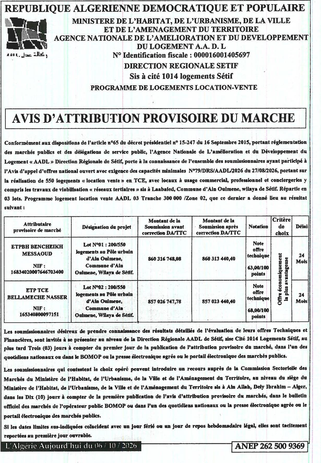 Attribution provisoire des lots pour la réalisation de 550 logements location-vente à Ain Oulmene (Sétif)