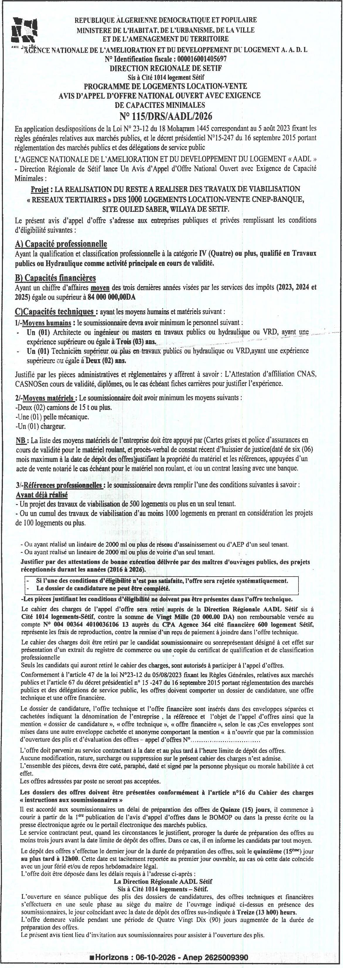 Réalisation des travaux de viabilisation (réseaux tertiaires) pour 3000 logements location-vente à Stéouloud Haber, Wilaya de Sétif