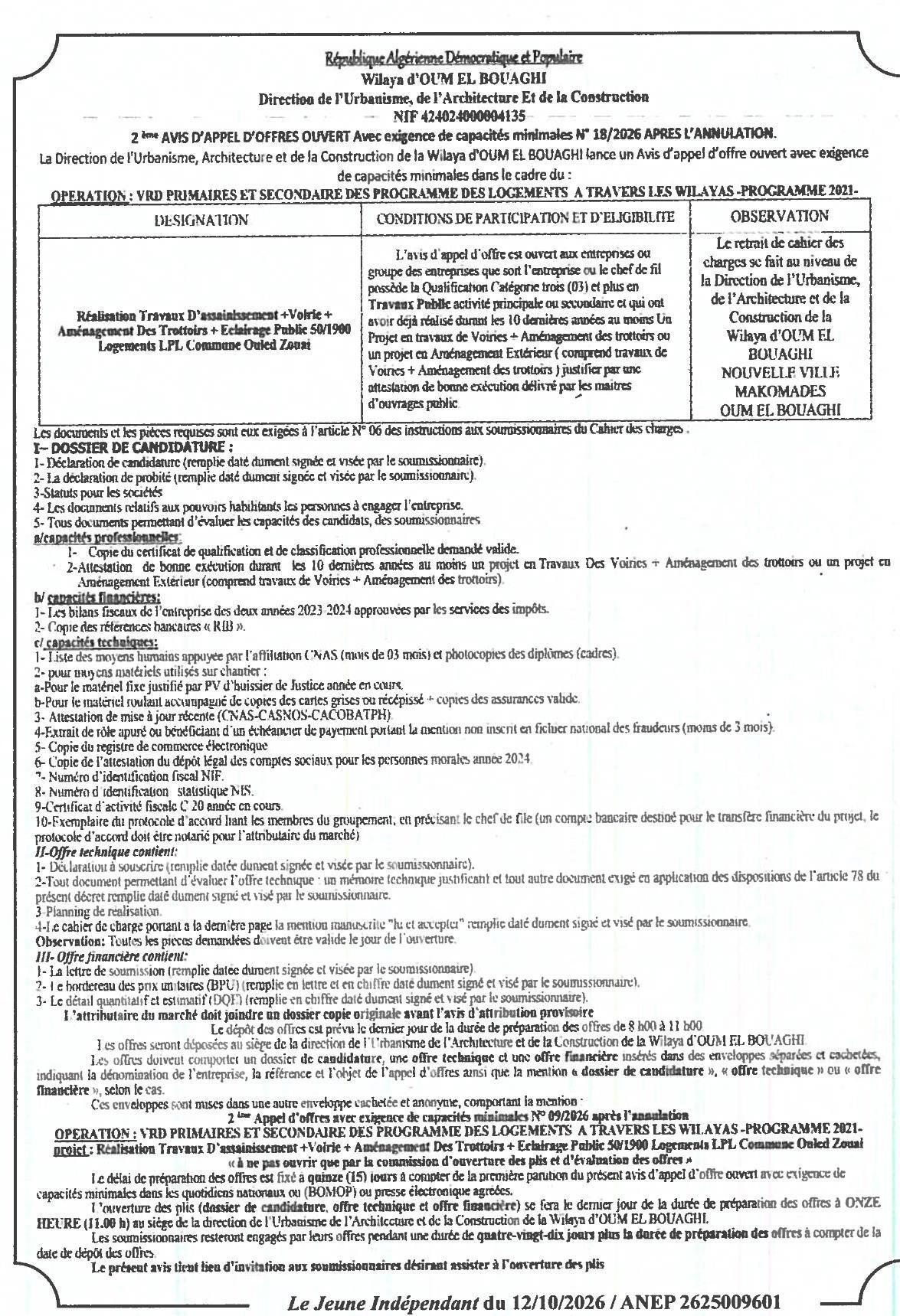 Travaux d'assainissement, voirie, aménagement des trottoirs et éclairage public pour 50/1900 logements LPL à Ouled Zouai