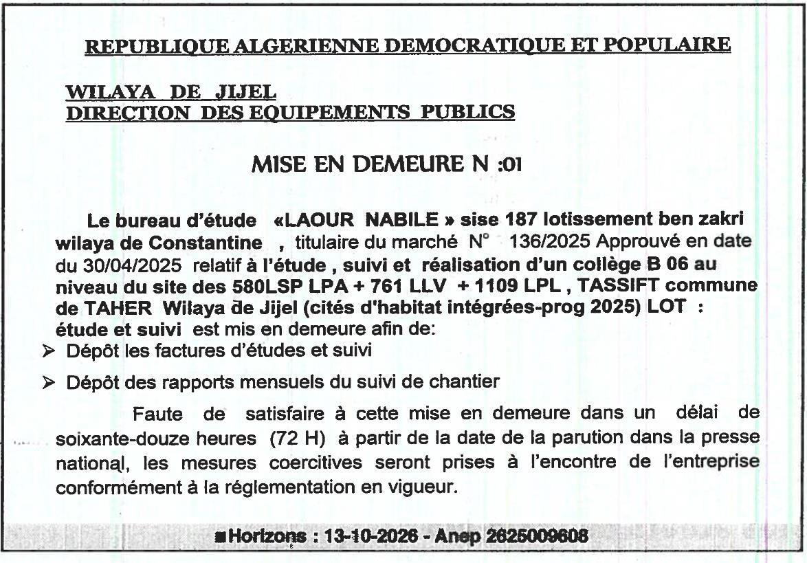 Mise en demeure pour dépôt de factures et rapports d'étude et suivi de chantier