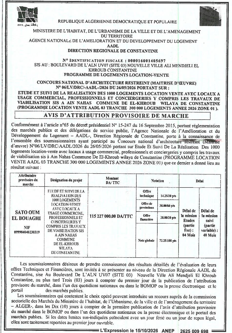 Attribution provisoire des études et suivi de 1000 logements location-vente à Ain Nahas (El Khroub, Constantine)