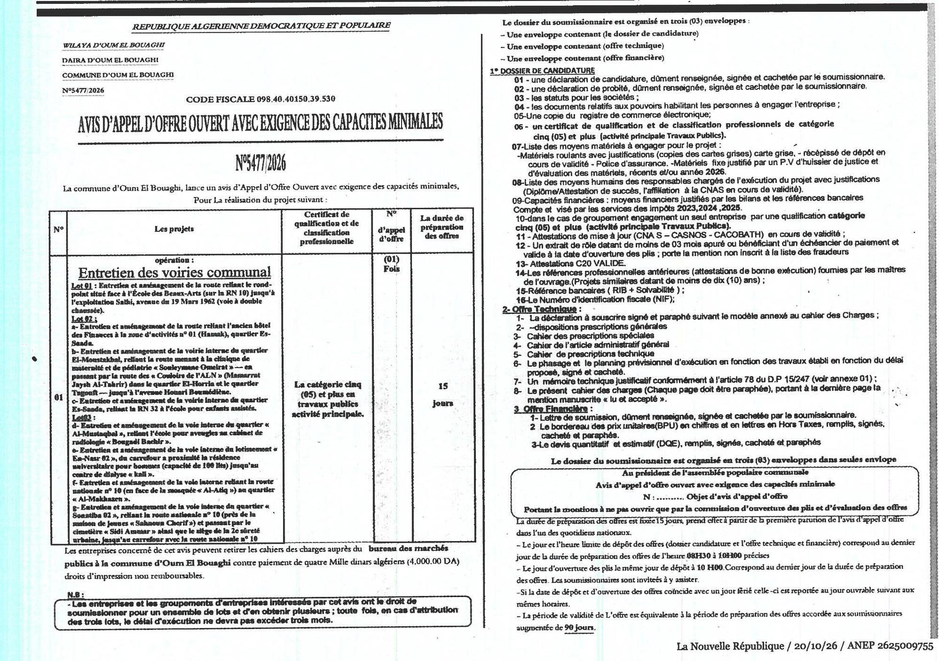 Entretien et aménagement des voiries communales (3 lots) à Oum El Bouaghi