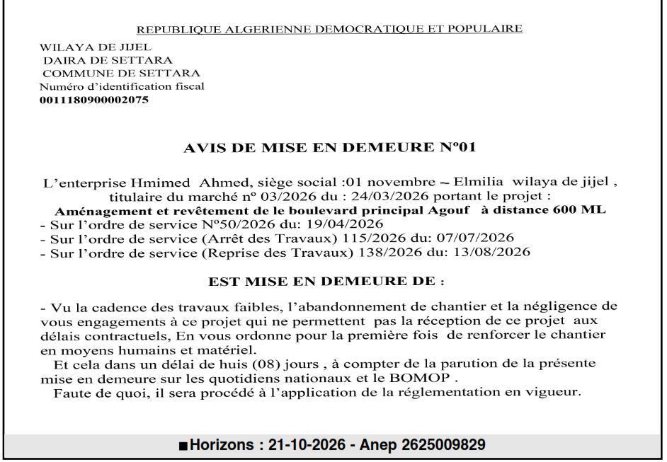 Mise en demeure pour non-respect des délais et cadence des travaux du boulevard principal Agouf (600 ML)