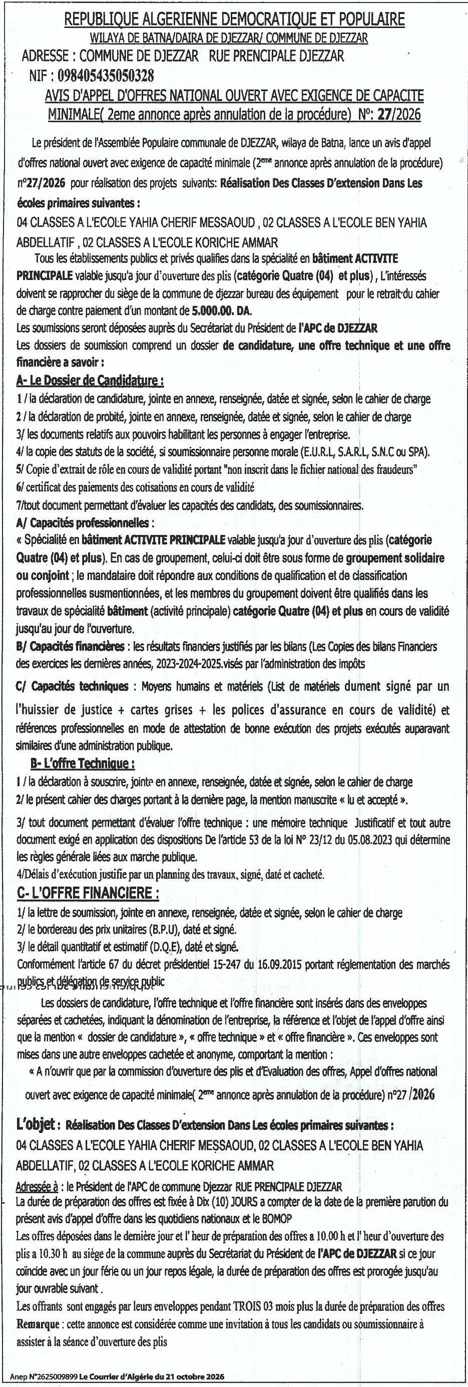 Réalisation de classes d'extension dans les écoles primaires de Djezzar (Batna)