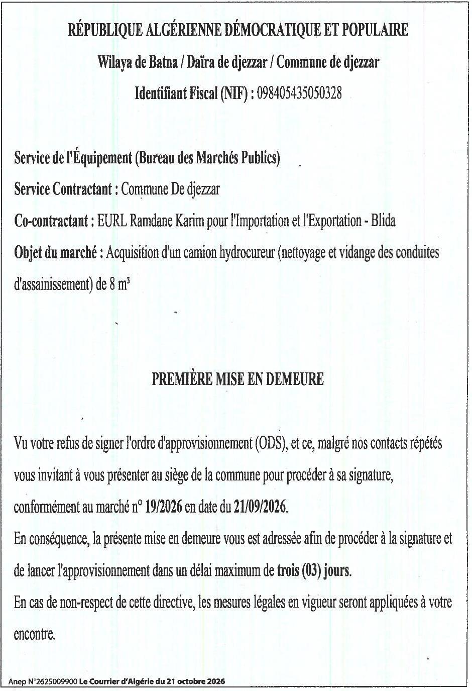 Mise en demeure pour signature d'ordre d'approvisionnement de camion hydrocureur