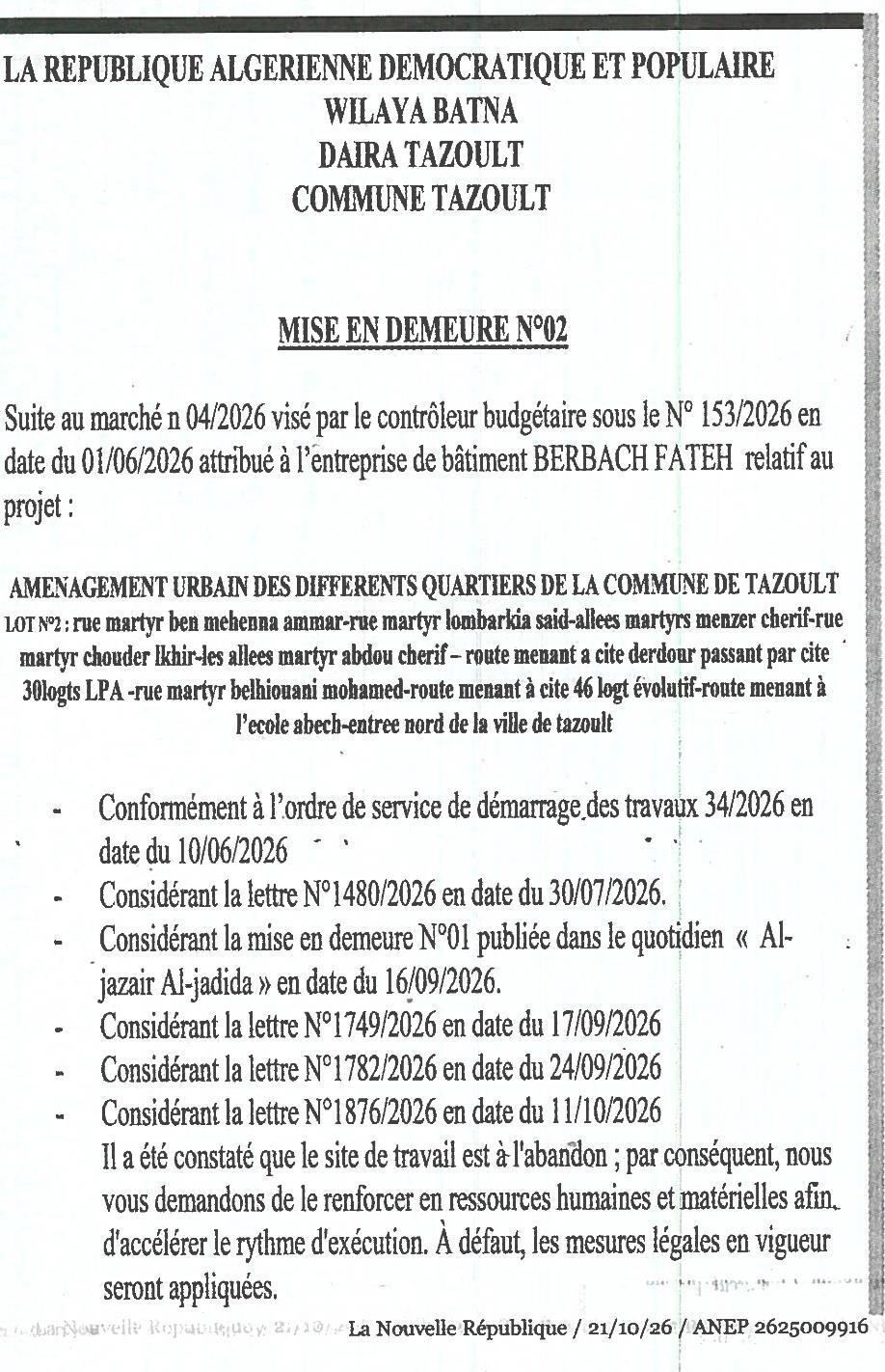 Mise en demeure pour abandon de chantier - Aménagement urbain de Tazoult (Lot 2)