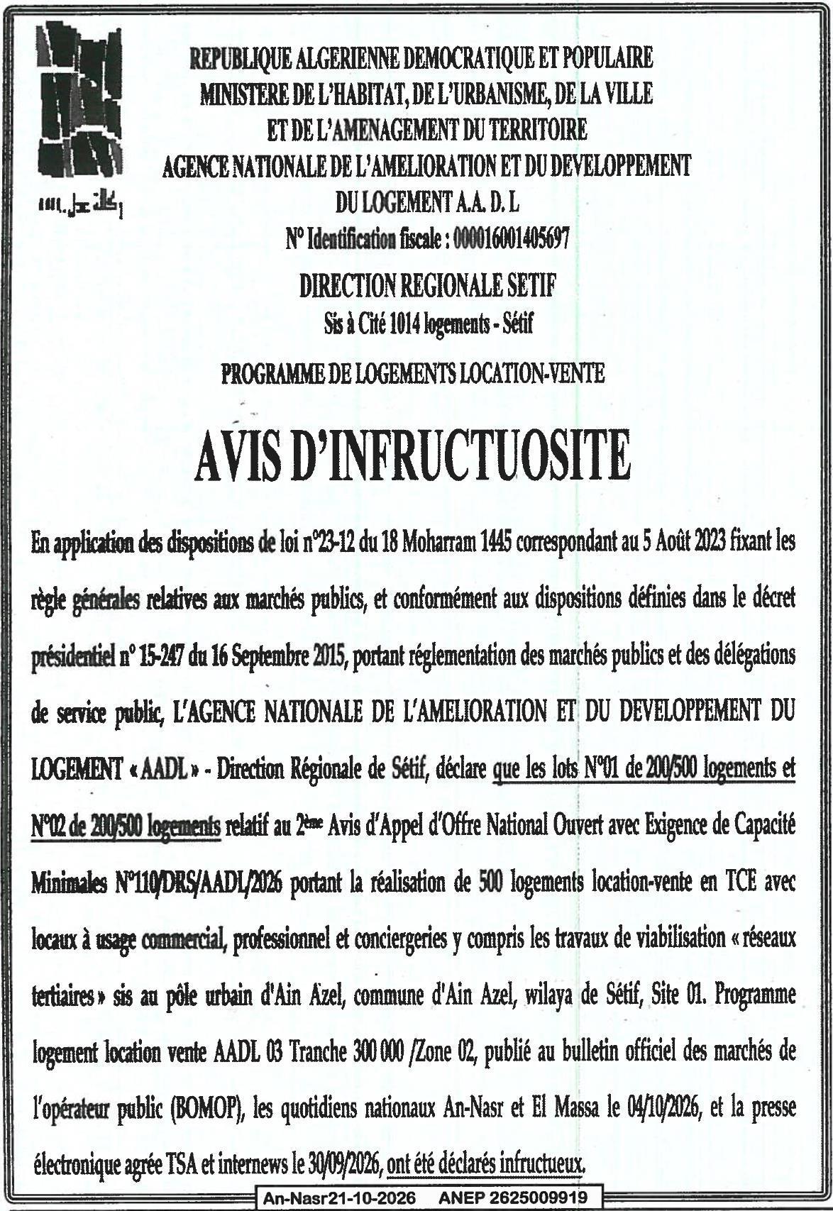 Déclaration d'infructuosité pour la réalisation de 500 logements location-vente à Ain Azel (Sétif)