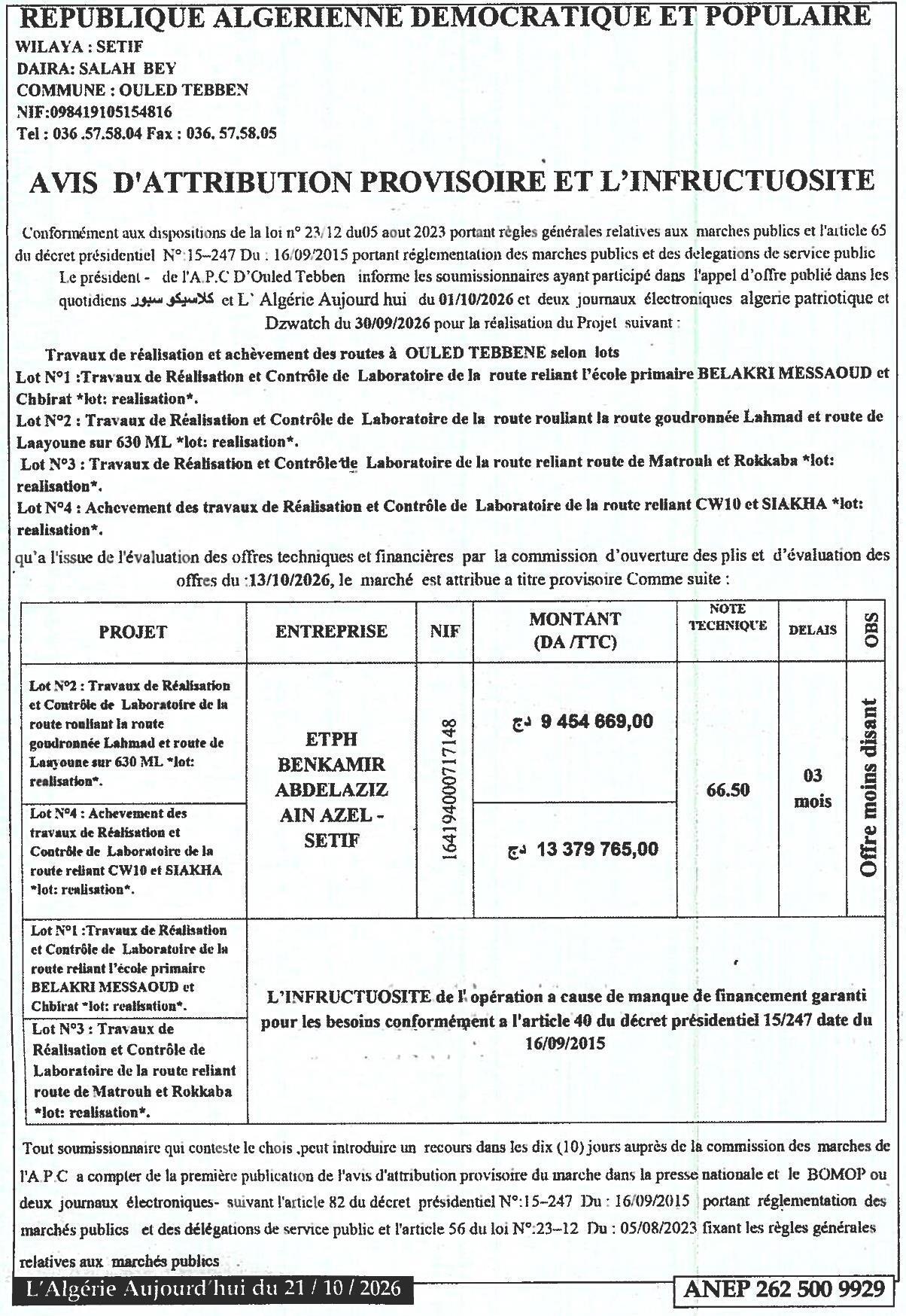 Travaux de réalisation et achèvement des routes à OULED TEBBENE (lots 1 à 4)