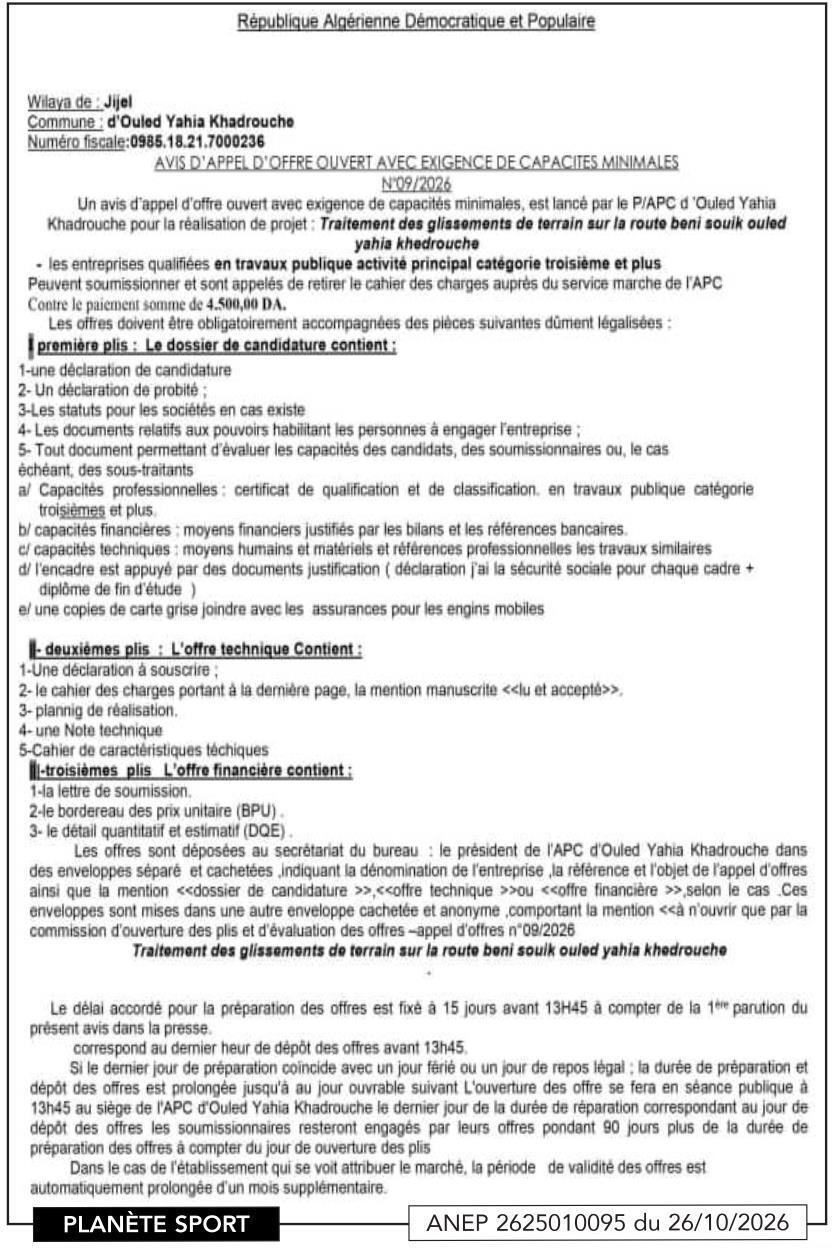 Traitement des glissements de terrain sur la route Beni Souik - Ouled Yahia Khedrouche