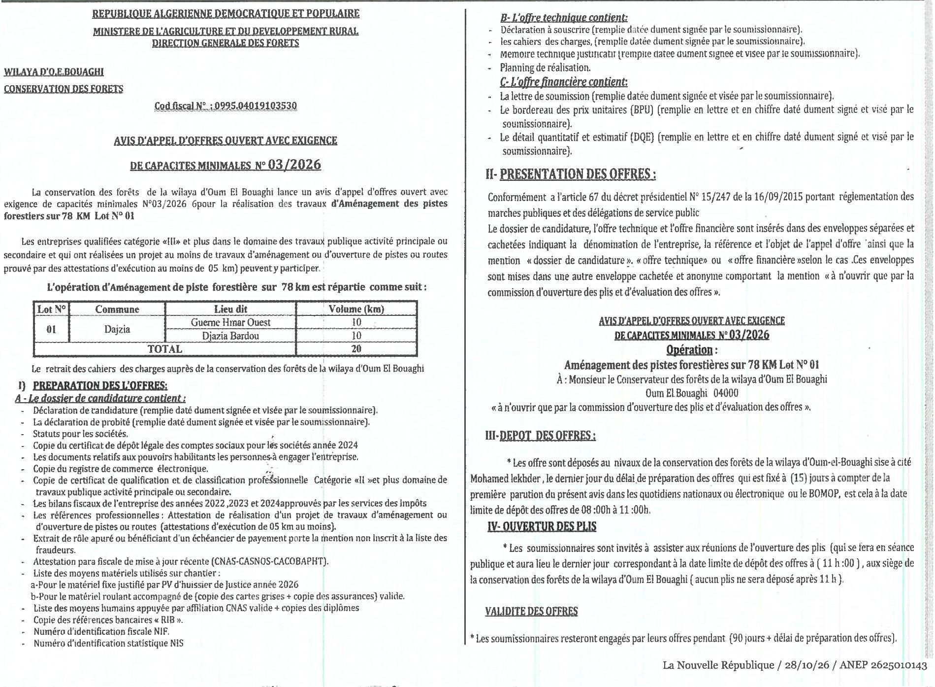 Aménagement des pistes forestières sur 78 km (Lot N° 01)