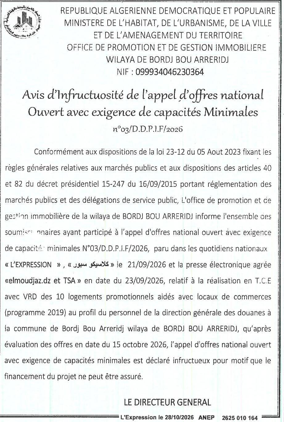 Déclaration d'infructuosité de l'appel d'offres pour la réalisation de 10 logements promotionnels aidés avec locaux commerciaux