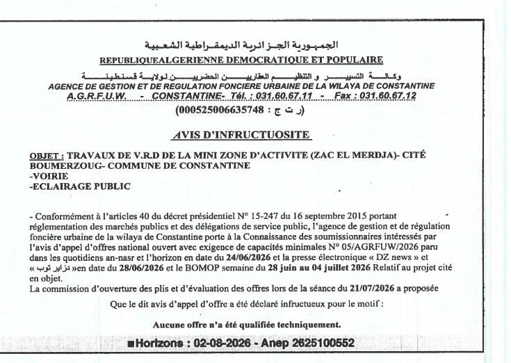 Avis d'infructuosité - Travaux de V.R.D de la mini zone d'activité (ZAC El Merdja) - Cité Boumerzoug - Commune de Constantine