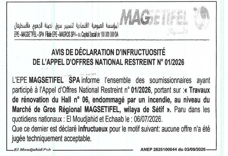 Avis d'infructuosité - Travaux de rénovation du Hall n° 06 au marché de gros régional MAGSETIFEL