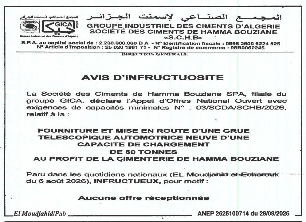Fourniture et mise en route d'une grue télescopique automotrice neuve de 60 tonnes pour la cimenterie de Hamma Bouziane