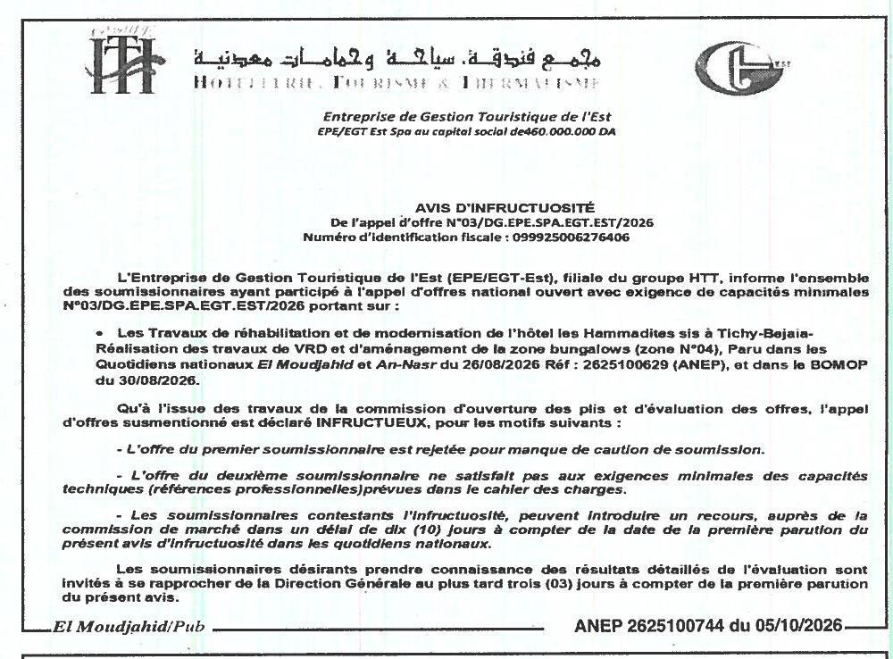 Travaux de réhabilitation et modernisation de l'hôtel Les Hammadites (Tichy, Béjaïa) et aménagement de la zone bungalows