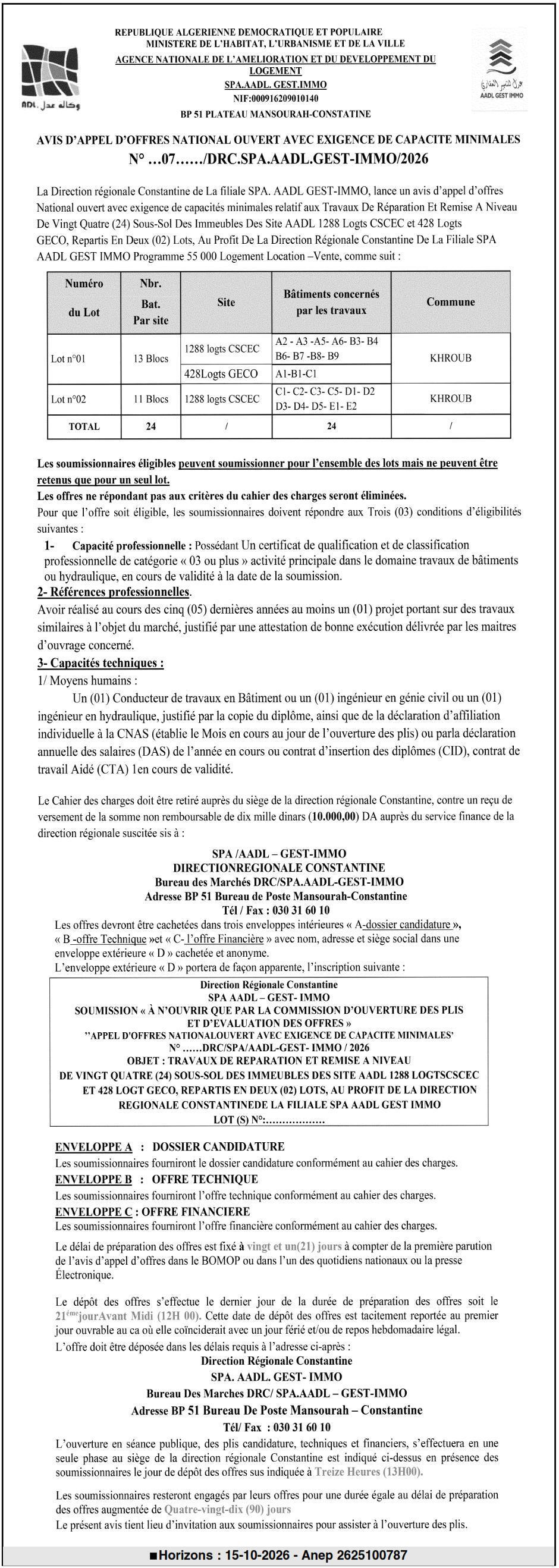 Travaux de réparation et remise à niveau de 24 sous-sols d'immeubles