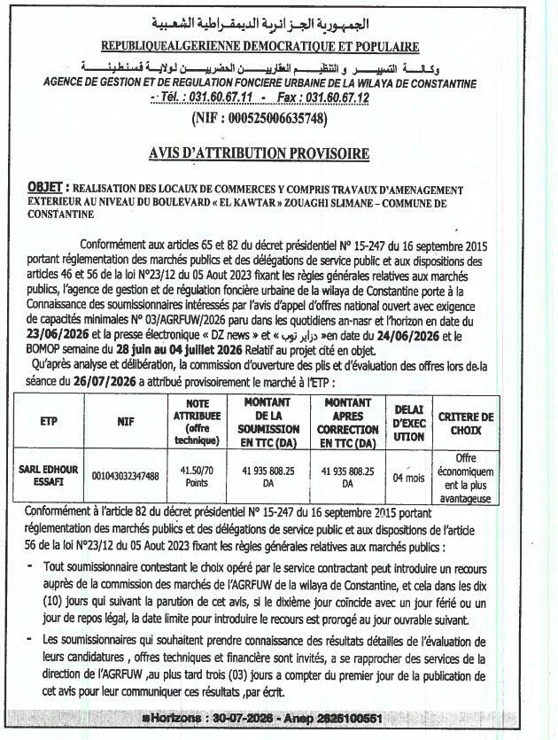 REALISATION DES LOCAUX DE COMMERCES Y COMPRIS TRAVAUX D'AMENAGEMENT EXTERIEUR AU NIVEAU DU BOULEVARD « EL KAWTAR » ZOUAGHI SLIMANE – COMMUNE DE CONSTANTINE