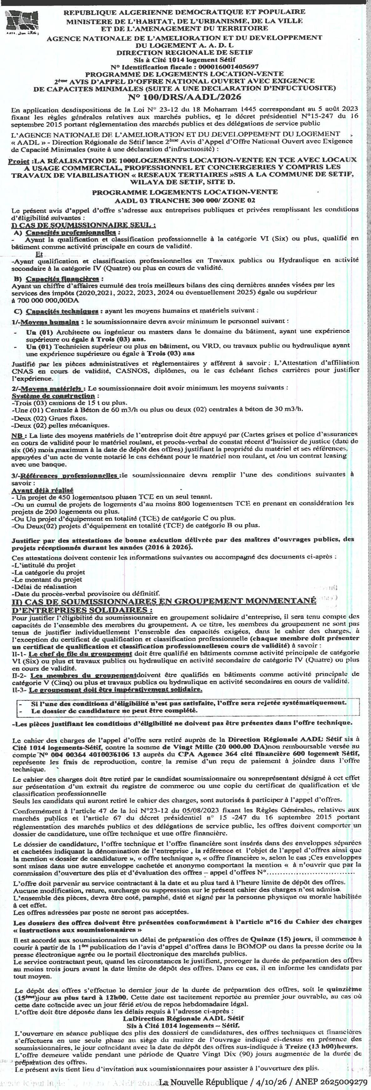 Réalisation de 1000 logements location-vente avec locaux commerciaux et travaux de VRD à Sétif