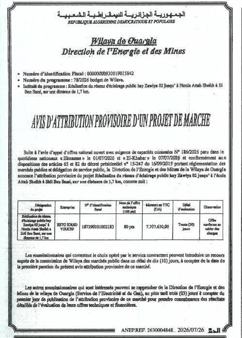 Réalisation du réseau d'éclairage public hay Zawtya 02 jusqu'à l'école Attah Shalch à Sidi Ben Sassi