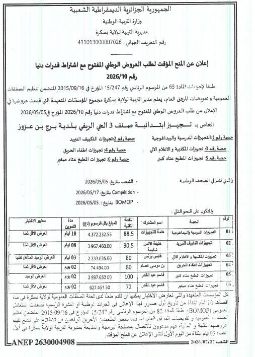 Avis d'attribution provisoire pour l'équipement d'écoles primaires de classe 3 à Bir Ben Azouz