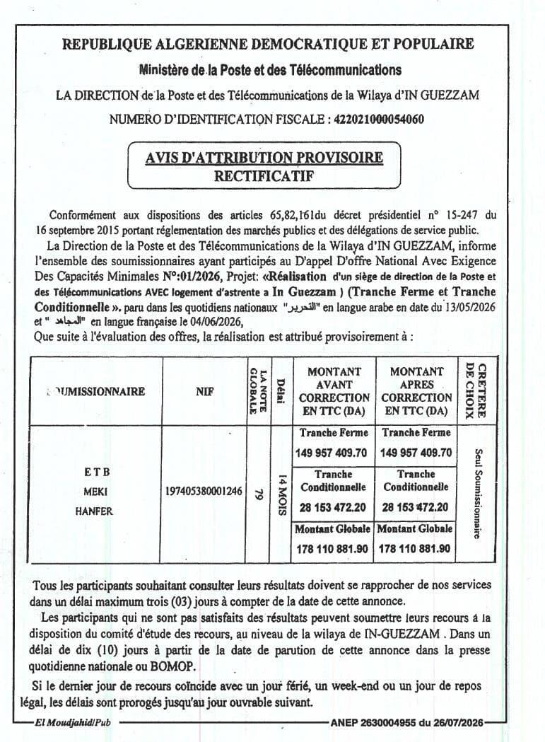 Réalisation d'un siège de direction de la Poste et des Télécommunications avec logement d'astreinte à In Guezzam