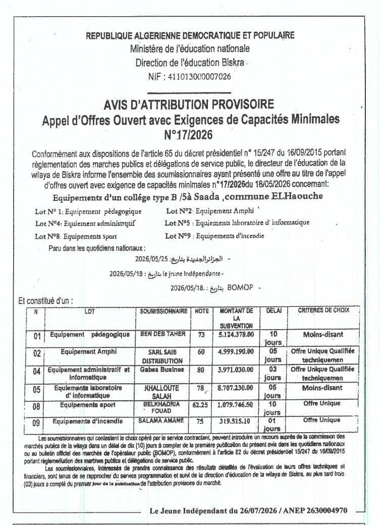Fourniture d'équipements pour un collège type B à Saâda, commune El Haouche
