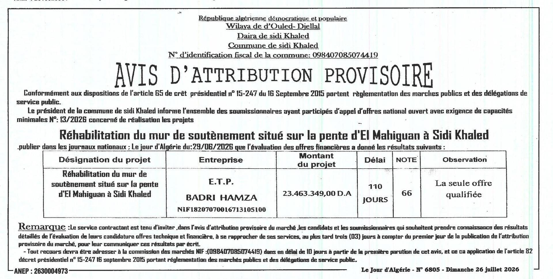 Réhabilitation du mur de soutènement situé sur la pente d'El Mahiguan à Sidi Khaled
