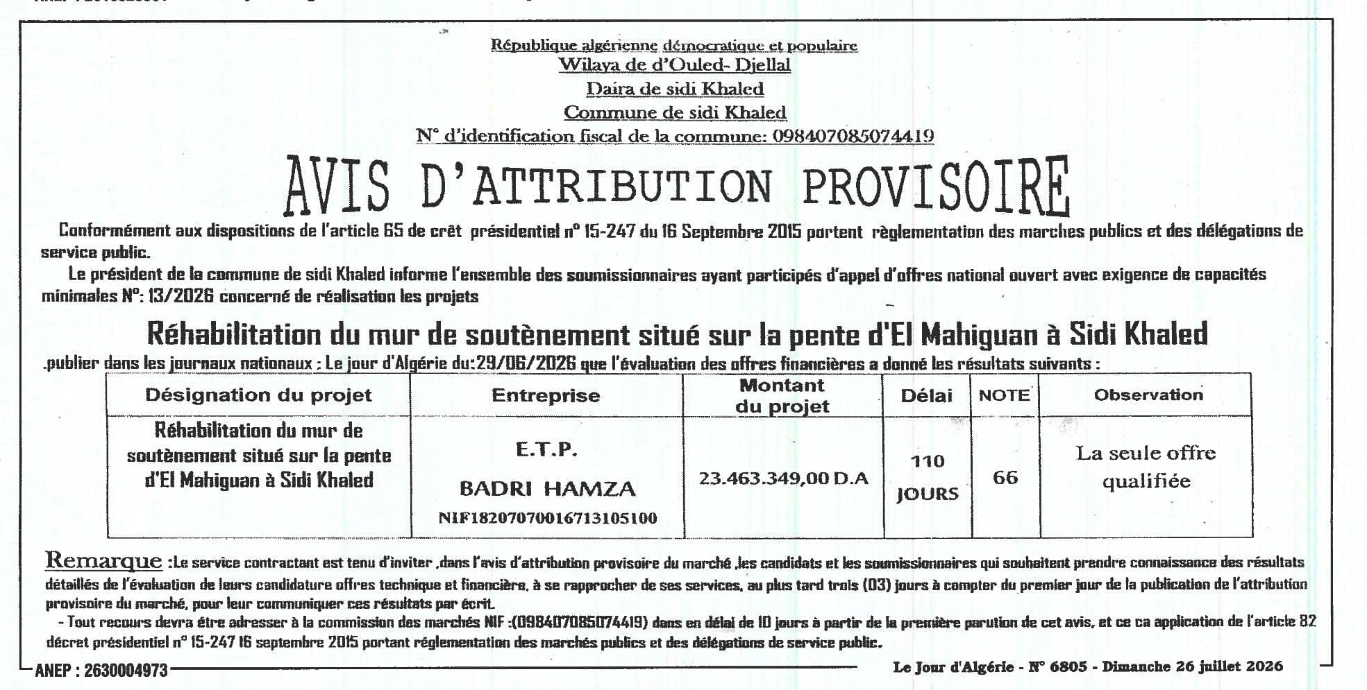 Réhabilitation du mur de soutènement situé sur la pente d'El Mahiguan à Sidi Khaled