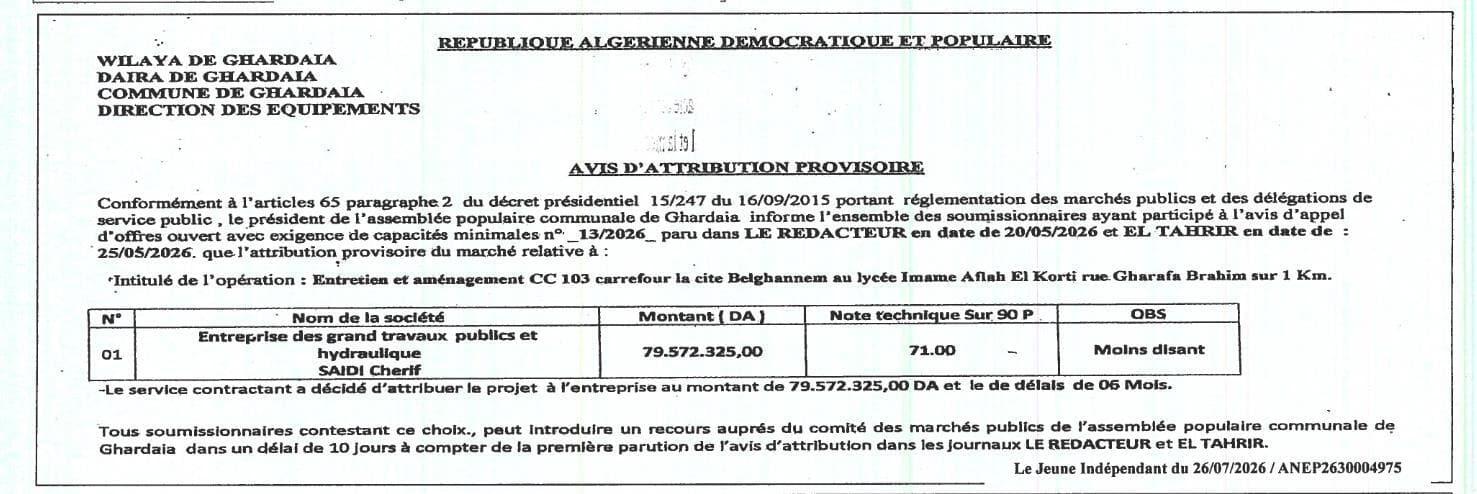 Entretien et aménagement CC 103 carrefour la cite Belghannem au lycée Imame Aflah El Korty rue Gharafa Brahim sur 1 Km.