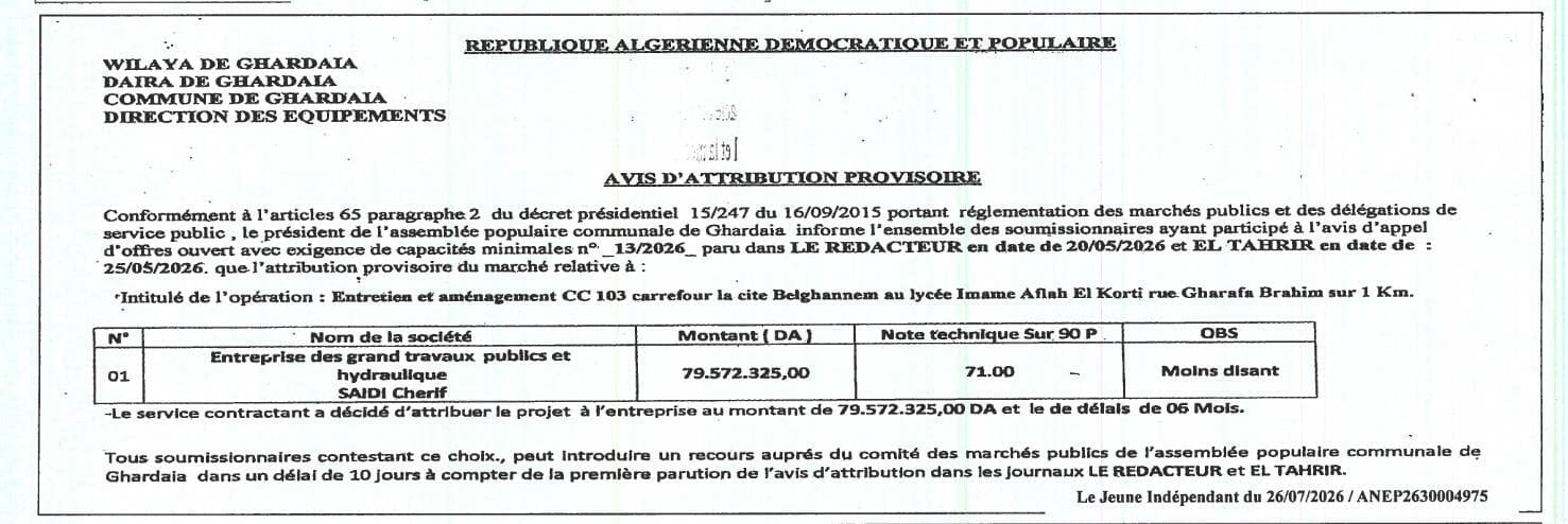 Entretien et aménagement CC 103 carrefour la cite Belghannem au lycée Imame Aflah El Korty rue Gharafa Brahim sur 1 Km.