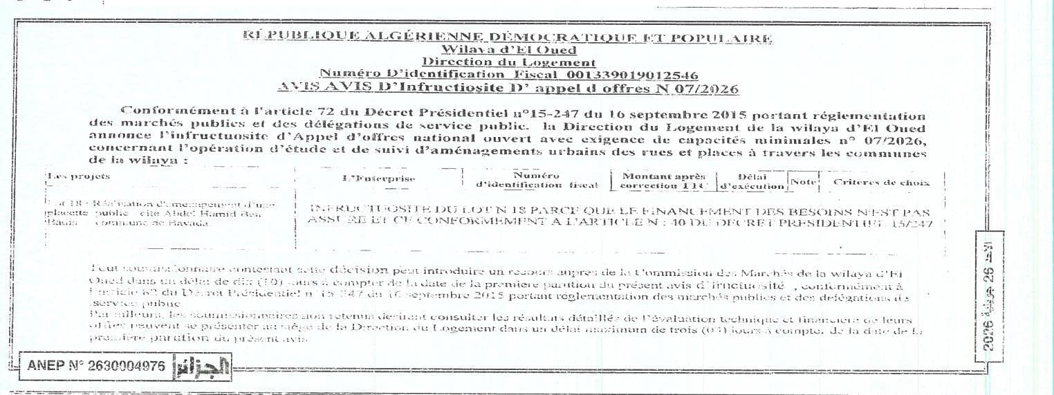 Avis d'infructuosité - Opération d'étude et de suivi d'aménagements urbains des rues et places à travers les communes de la wilaya