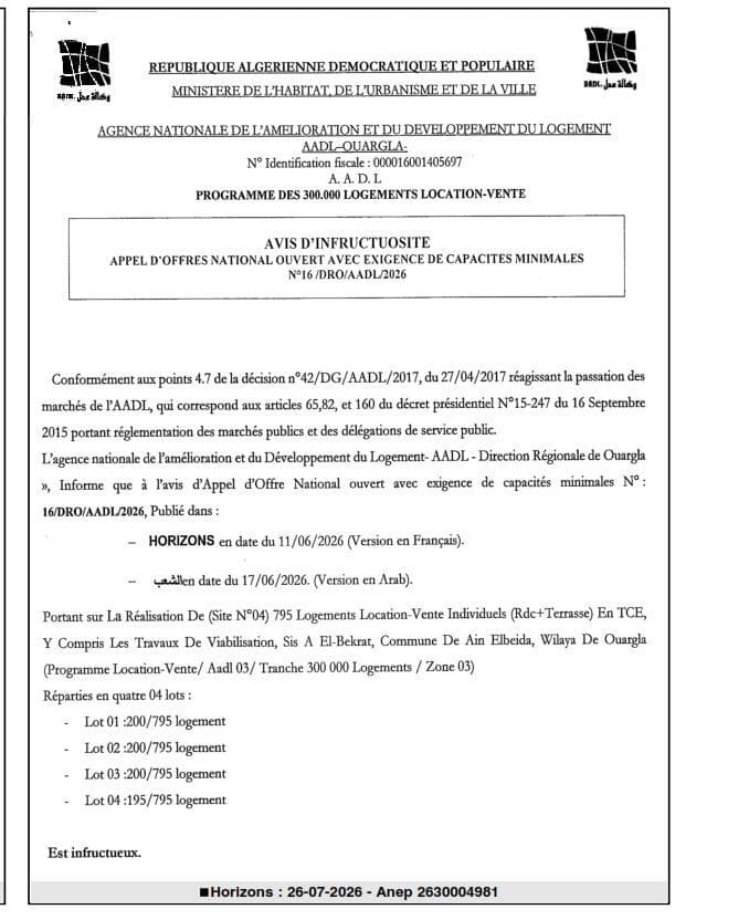 Réalisation de 795 logements location-vente individuels (Rdc+Terrasse) en TCE, Y compris les travaux de viabilisation, Sis A El-Bekrat, Commune De Ain Elbeida, Wilaya De Ouargla