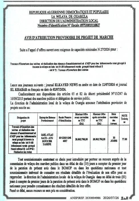 Travaux d'ouverture des voiries et réalisation des réseaux d'assainissement et d'AEP pour les lotissements rural groupé à travers la wilaya en lots 01-50 lotissement rurale groupé Hassi miloud 5 - lot N°2 : Travaux d'ouverture des voiries