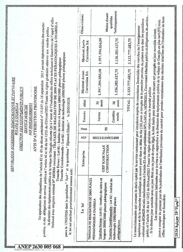 Attribution provisoire - Travaux de réalisation de 3000 places pédagogiques à Ouargla