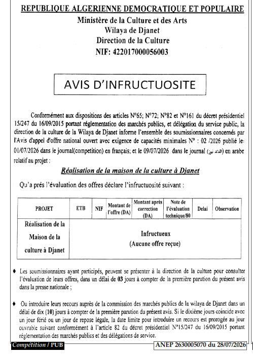 Avis d'infructuosité - Réalisation de la maison de la culture à Djanet