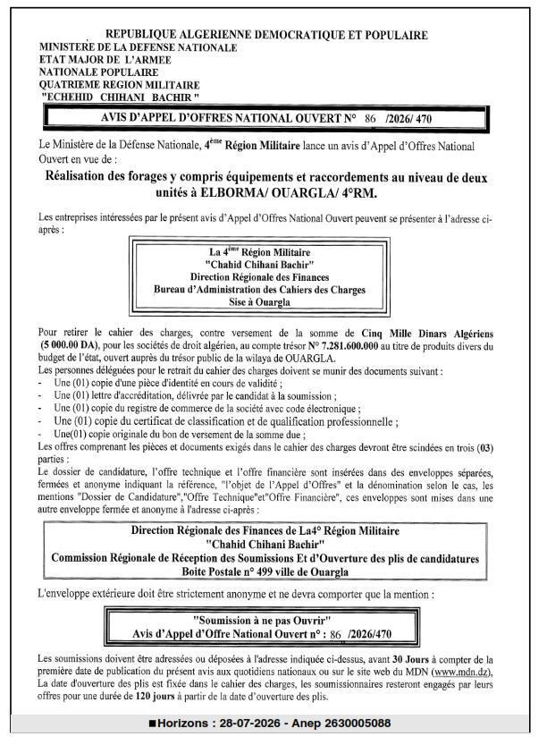 Réalisation des forages y compris équipements et raccordements au niveau de deux unités à ELBORMA/ OUARGLA/ 4eRM
