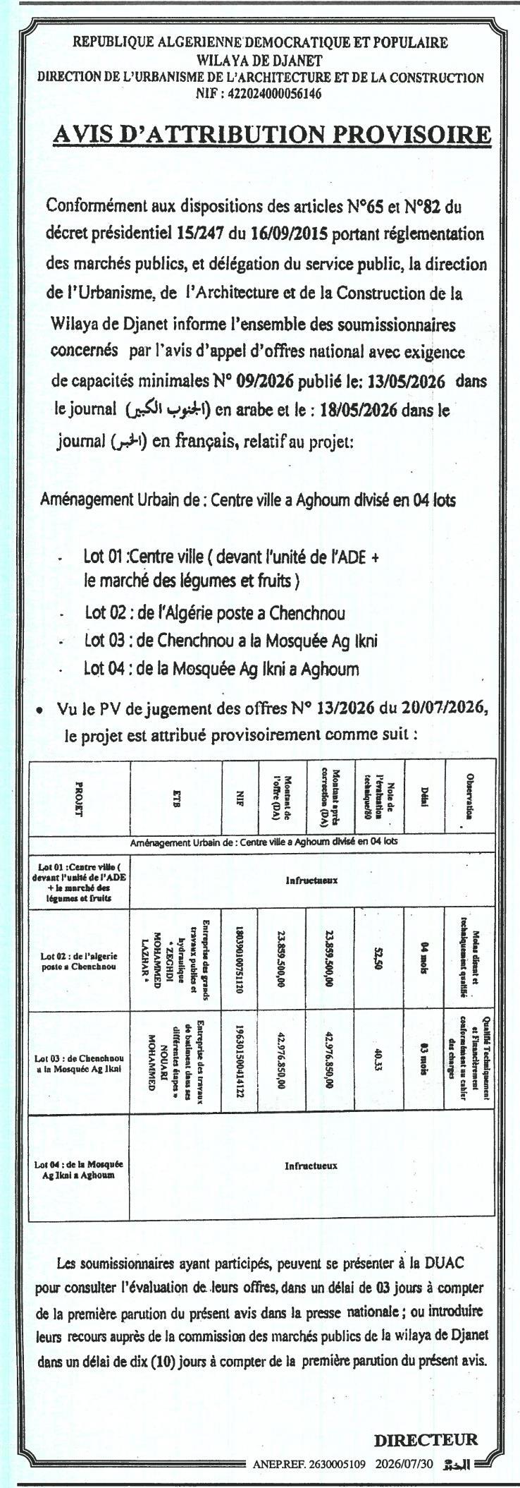 Aménagement urbain du centre-ville d'Aghoum (4 lots)