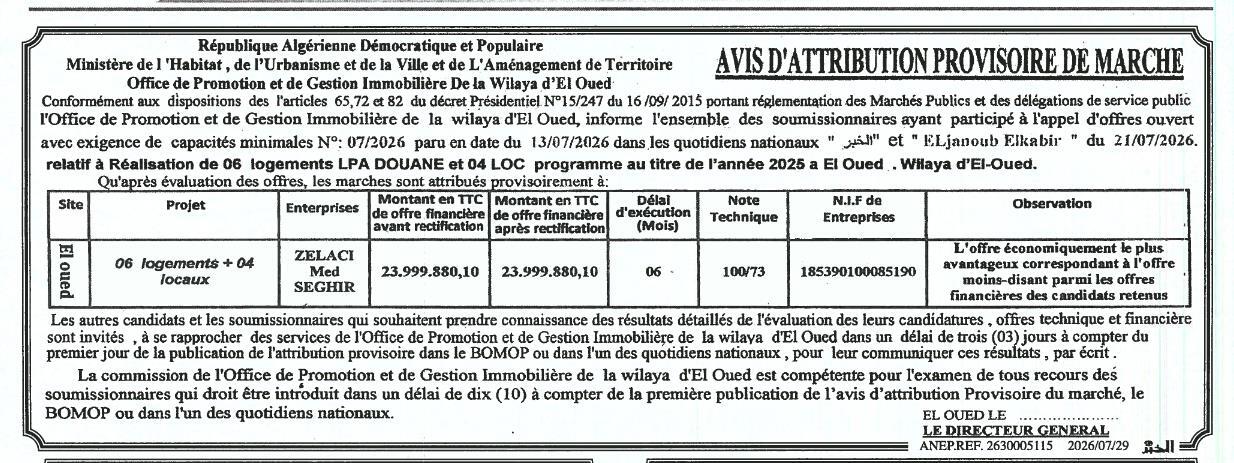 Attribution provisoire de marché pour la réalisation de 06 logements LPA DOUANE et 04 locaux au titre de l'année 2025