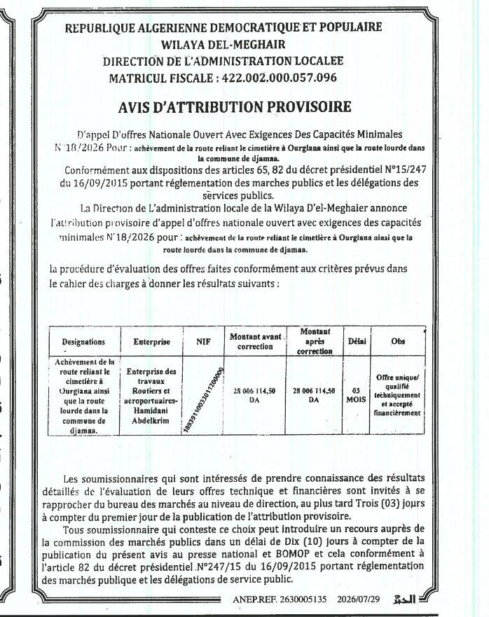 Attribution provisoire pour achèvement de routes dans la commune de Djamaa