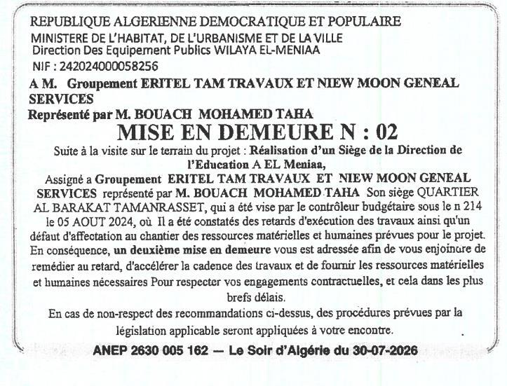 Mise en demeure n° 02 pour retard d'exécution des travaux du siège de la Direction de l'Éducation à El Meniaa