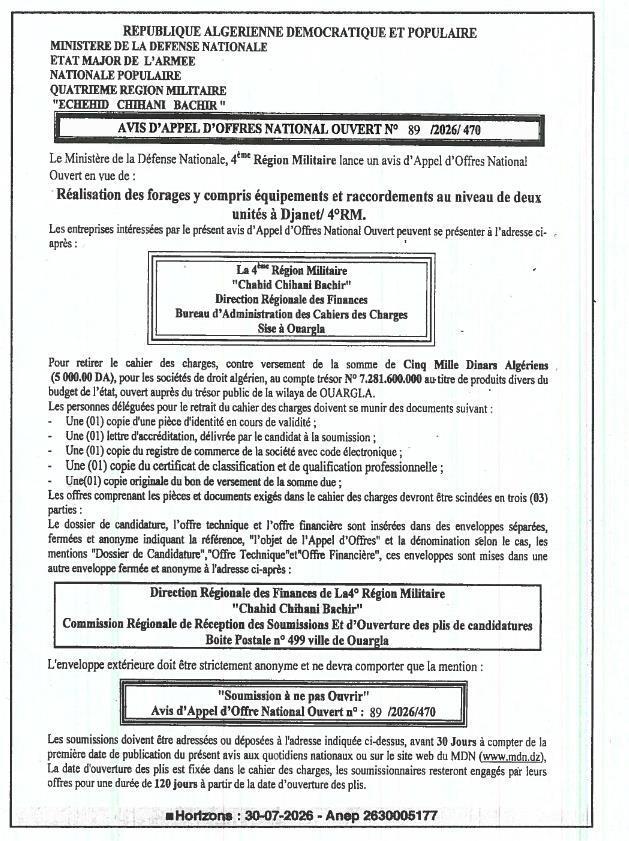 Réalisation des forages y compris équipements et raccordements au niveau de deux unités à Djanet