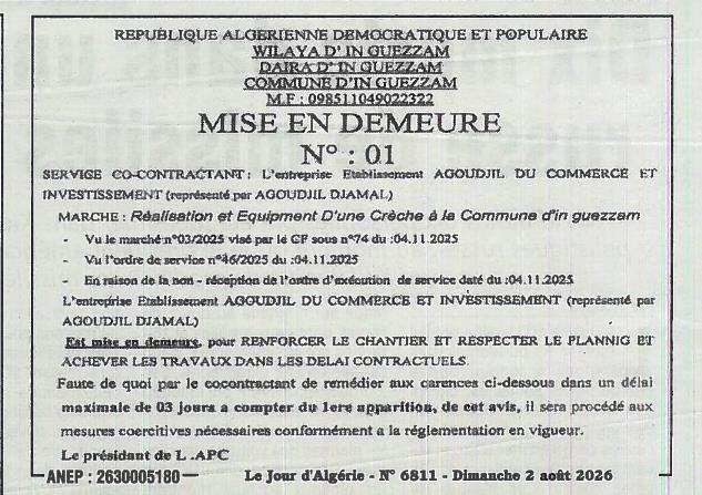 Mise en demeure pour non-respect des délais contractuels d'un marché de réalisation et équipement d'une crèche