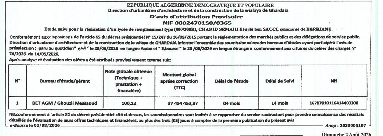 Avis d'attribution provisoire pour une étude de suivi de réalisation d'un lycée de remplacement